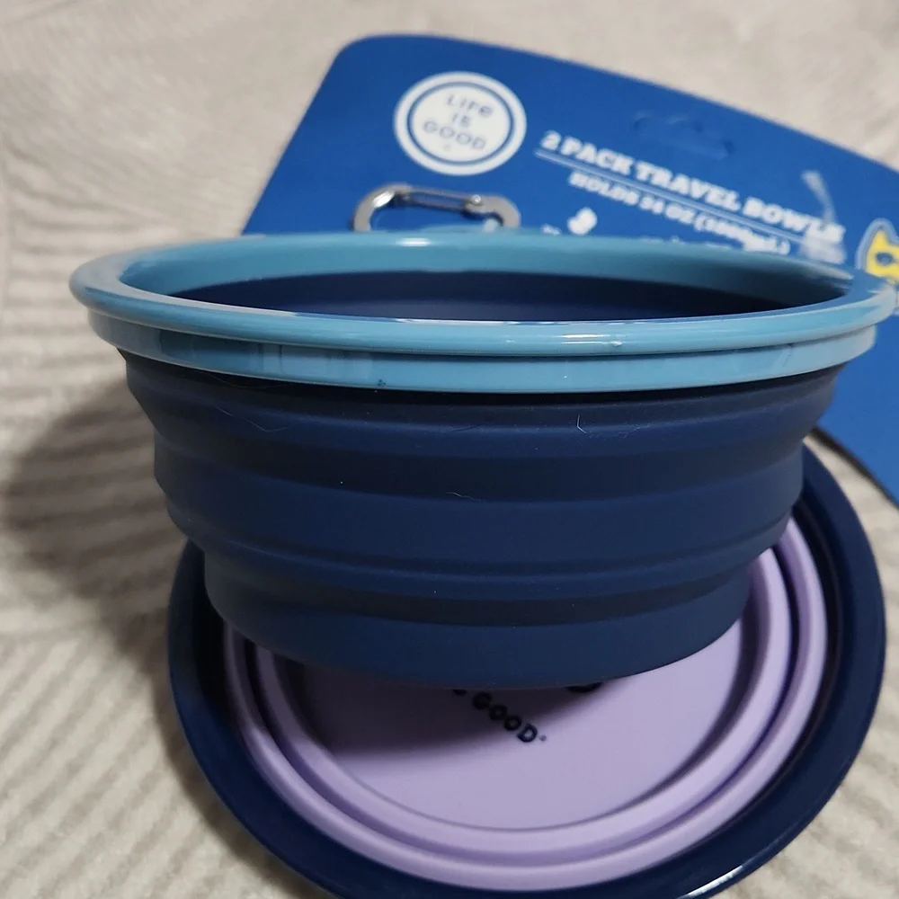 NWT Life is Good 2-Pack Collapsible Travel Pet Bowls - 34oz Blue/Purple